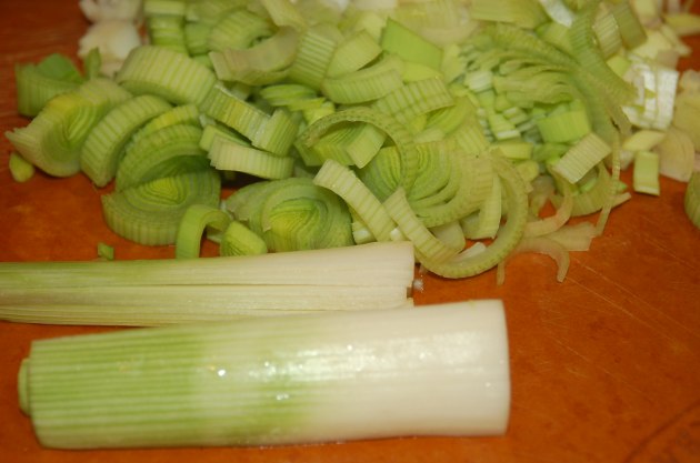 Use the white and pale green parts of the leek.  Cut the stalk in half length-wise and rise out the layers.  I prefer to remove the outer tougher layer.  Then slice.  